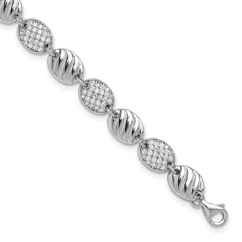 925 Sterling Silver Rh-Plated Grooved Cz Ovals With 1 Inch Extension Bracelet